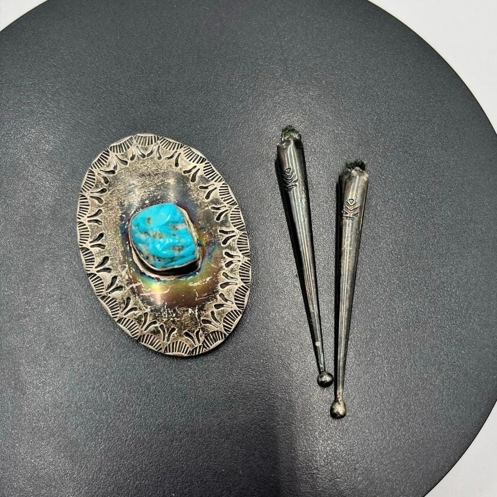 Jim Bitsui Signed Sterling Silver Turquoise Concho Bolo Clip Tip Native American
